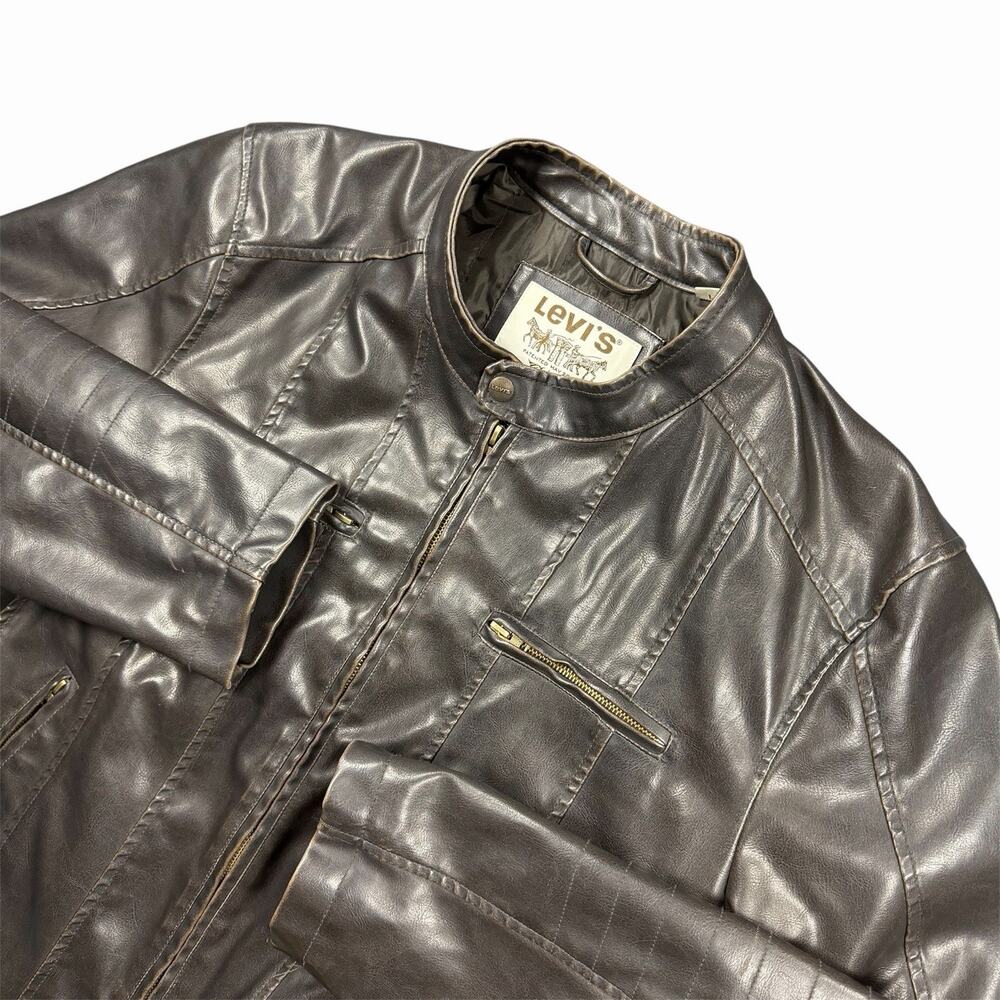 Levi’s Men’s Large Black Faux Leather Moto Jacket Full Zip Distressed Biker